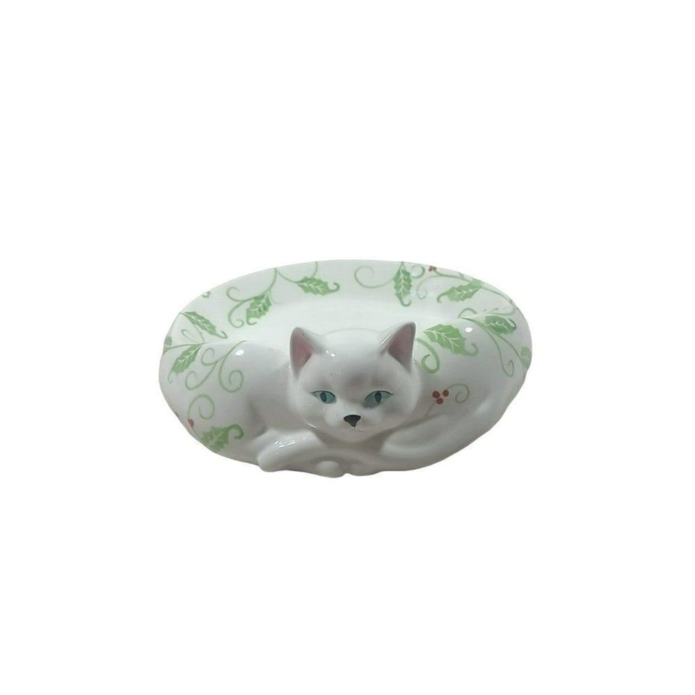 Vintage Ceramic Christmas Cat Trinket Dish Bowl Decor